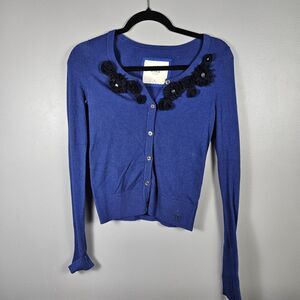 Abercrombie & Fitch Women's M Navy Blue Cardigan Sweater Flower & Rhinestone Y2k